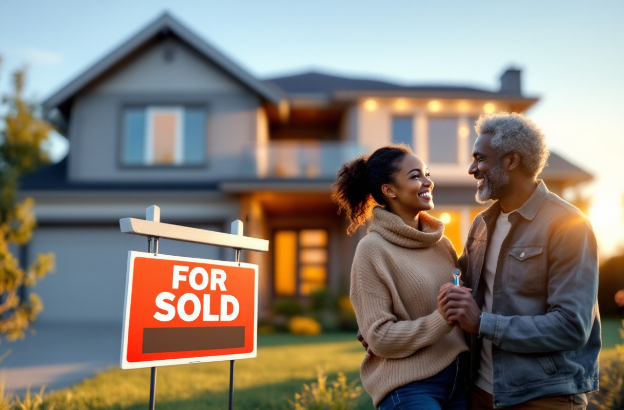 Couple heureux devant maison vendue.