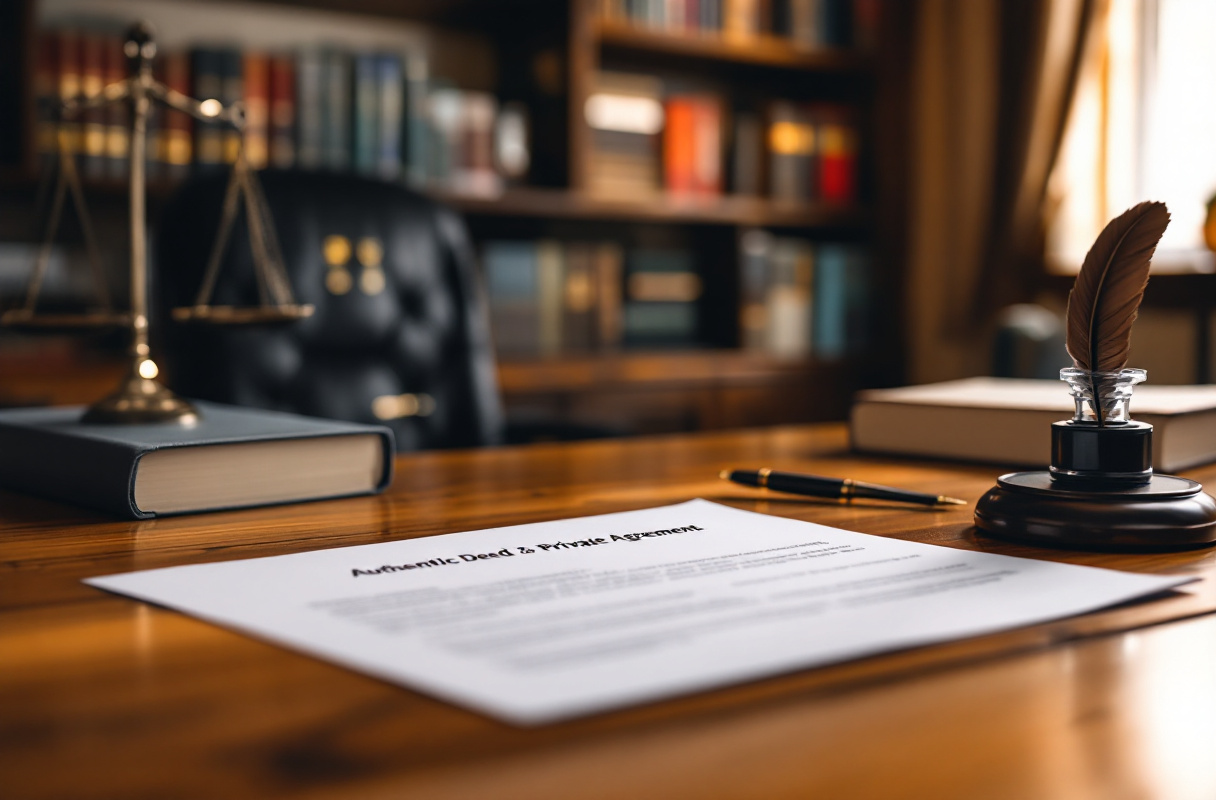 Bureau d'avocat avec documents légaux et livres.