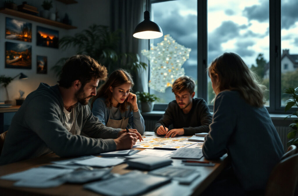 Groupe étudiant autour d'une table, discutant.