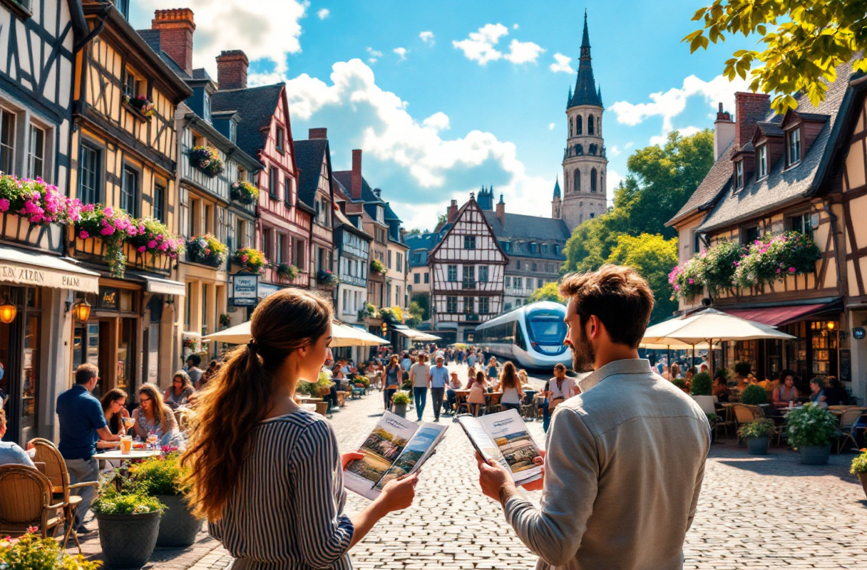 Couple visitant une ville pittoresque en France.