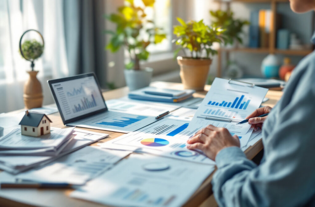 Analyse de graphiques financiers sur bureau ensoleillé.