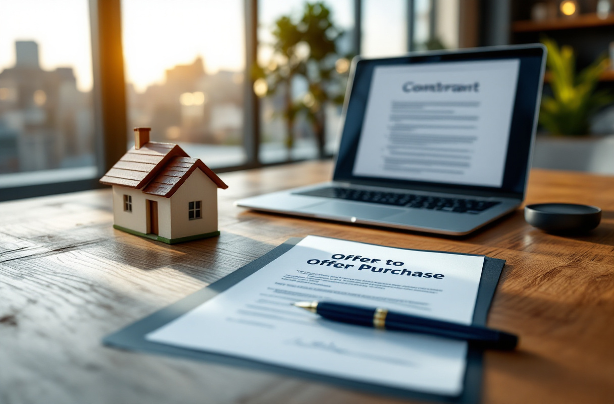 Documents achat immobilier sur bureau avec maquette maison.