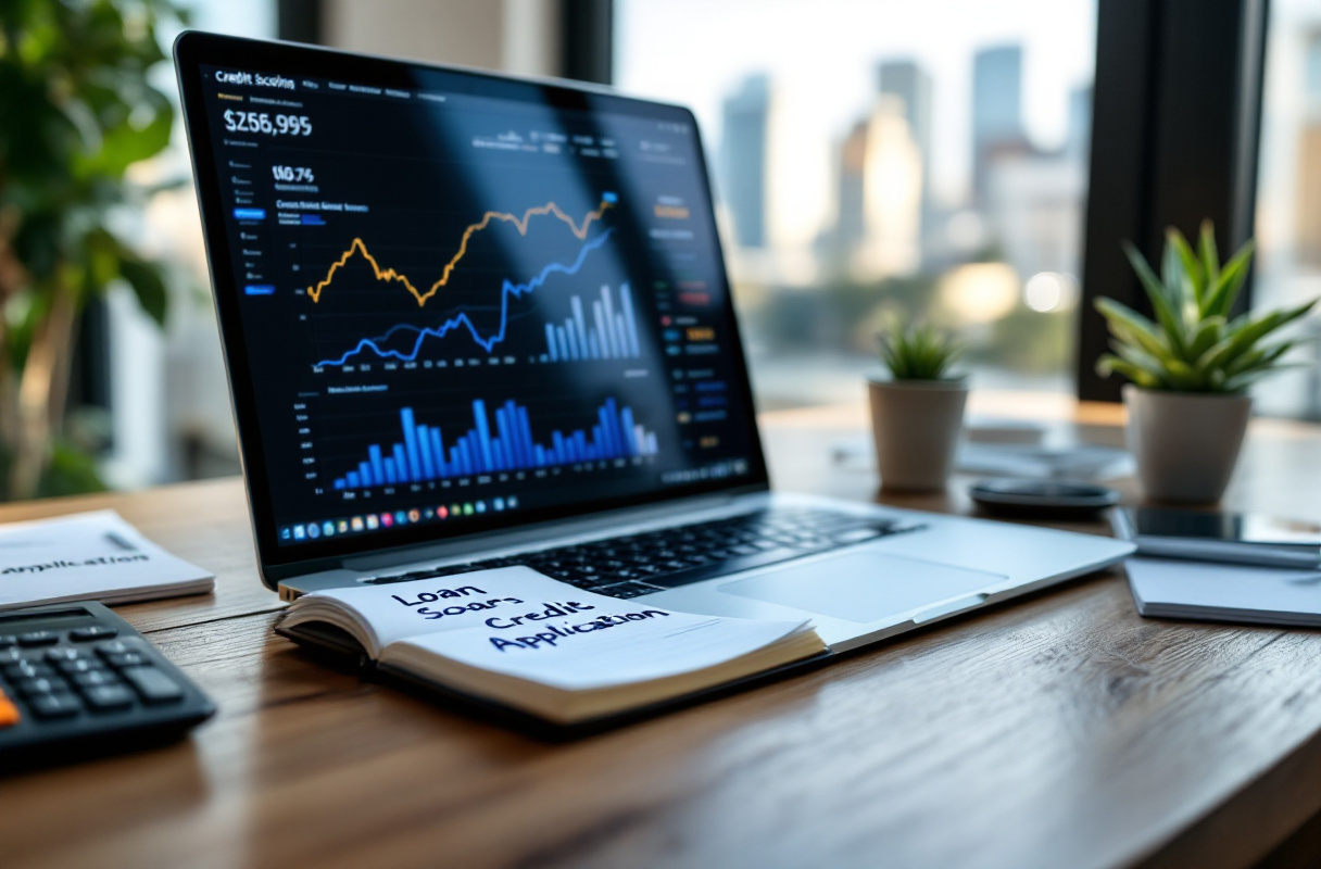 Ordinateur portable avec graphique financier et plantes vertes.