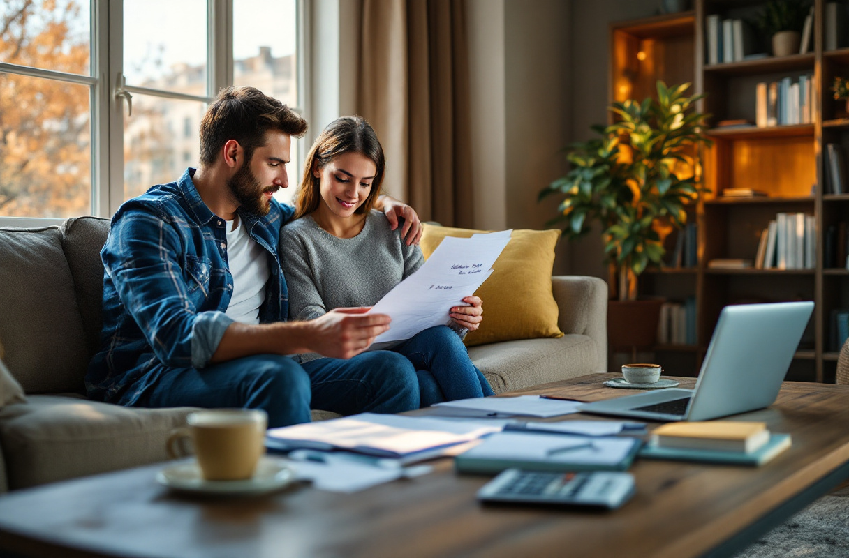 Couple lisant un document sur le canapé.