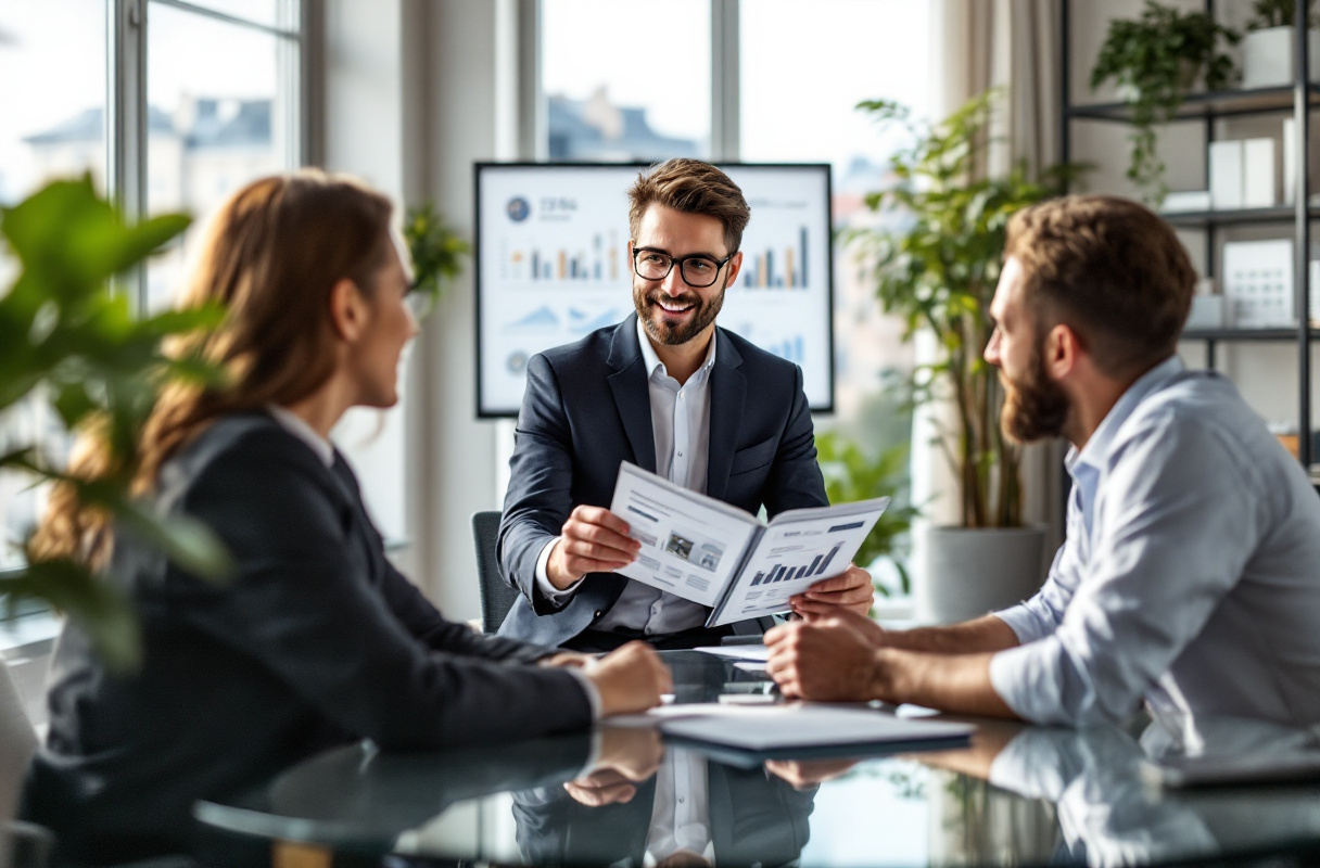Réunion d'affaires avec trois personnes souriantes.