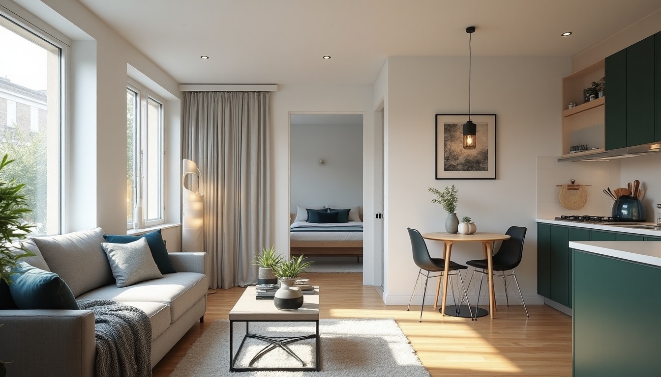 Salon lumineux avec cuisine moderne et chambre adjacente.