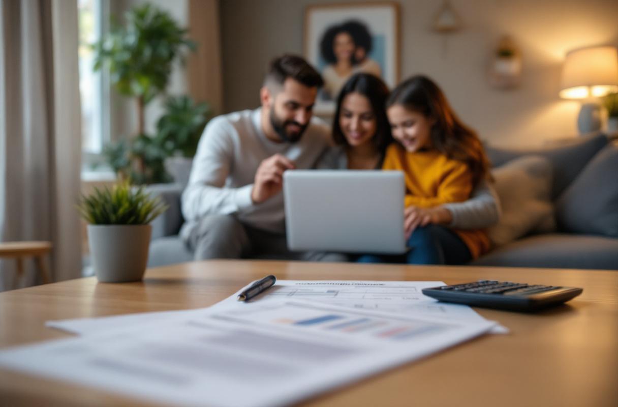 Famille utilisant un ordinateur portable, documents financiers visibles.