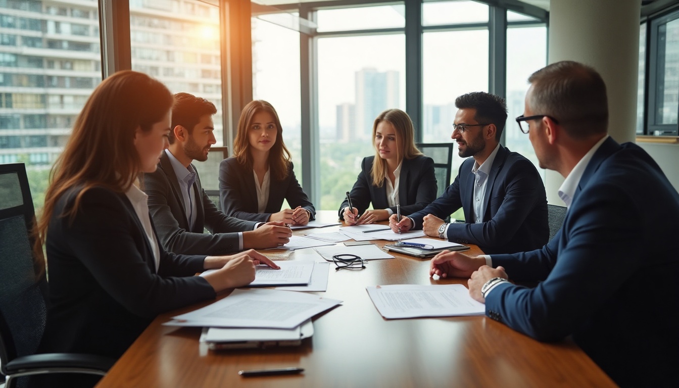 Réunion d'affaires en salle de conférence lumineuse.