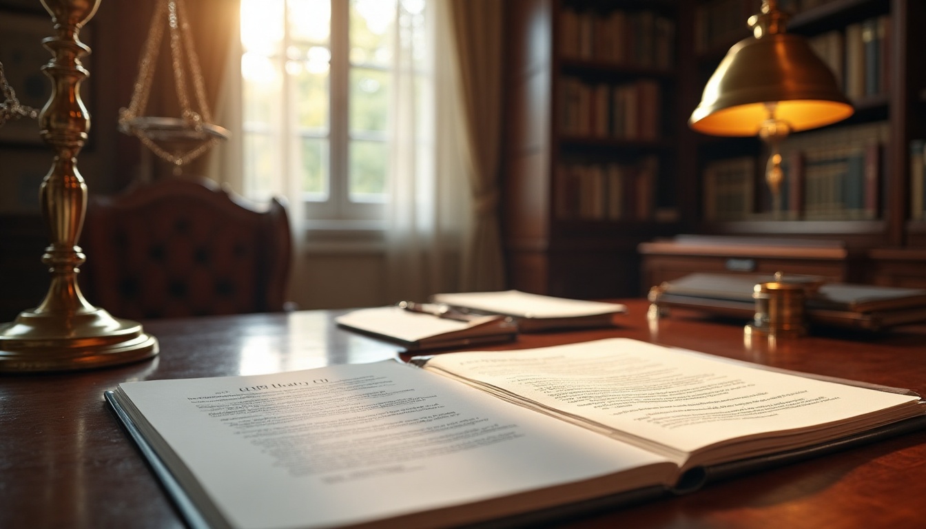 Bureau de juge avec livres et documents juridiques.