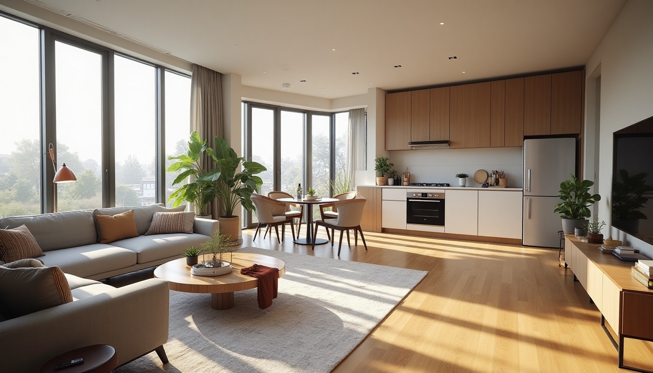 Salon moderne avec fenêtres panoramiques et cuisine ouverte.