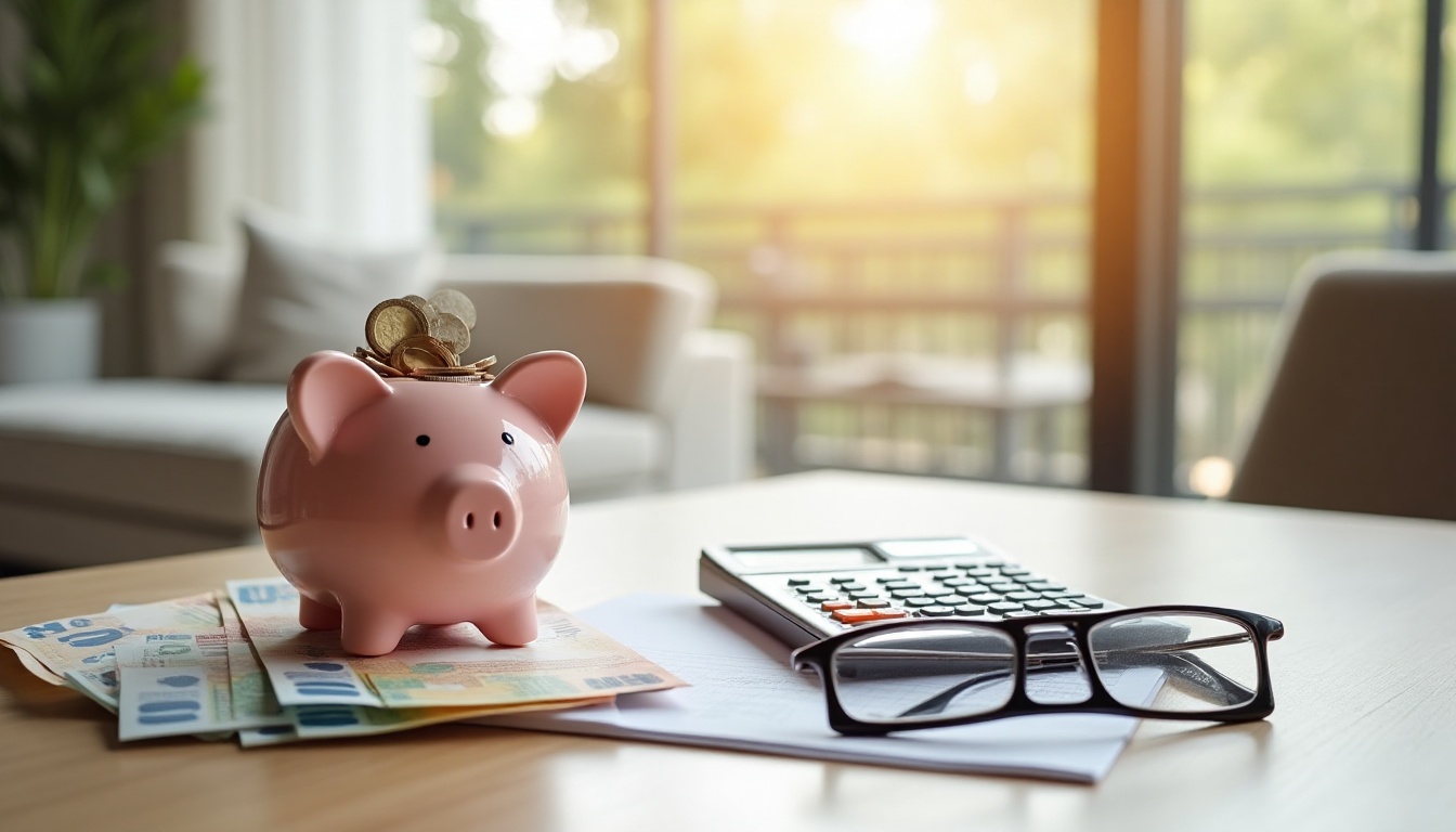 Tirelire cochon, euros, calculatrice sur table ensoleillée.