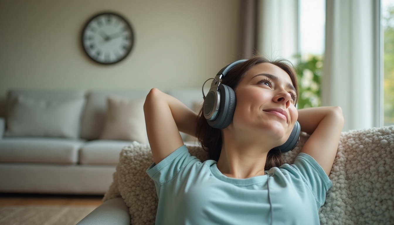 Femme détendue écoutant de la musique avec un casque