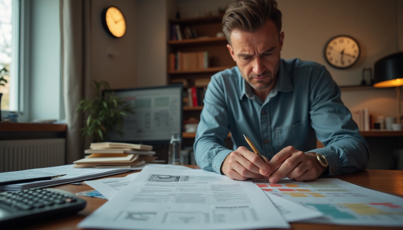 Homme concentré travaillant à son bureau, stylos et papiers.