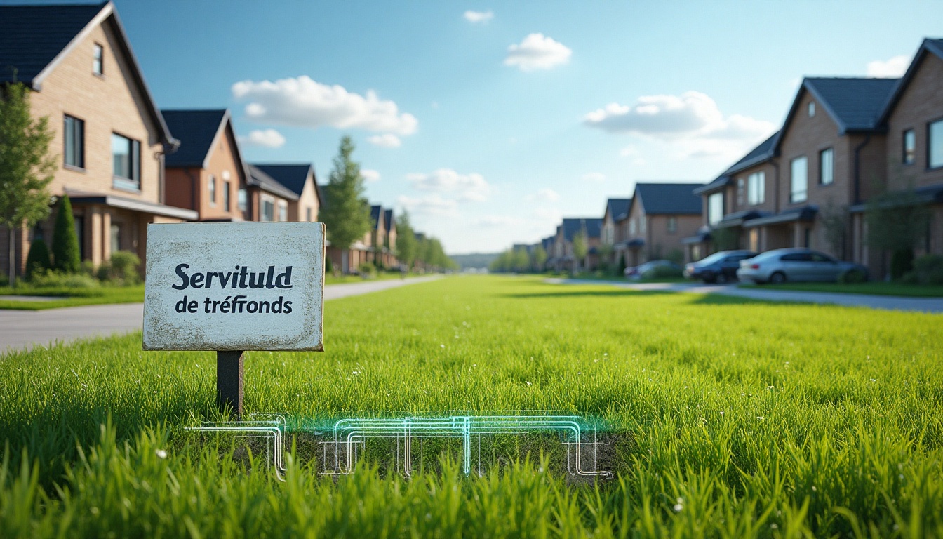 Quartier résidentiel avec panneau sur pelouse verte.