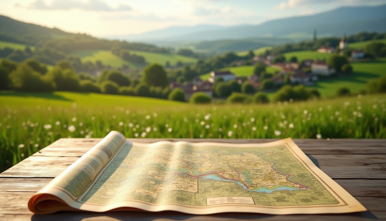 Carte sur table en bois avec campagne verdoyante.