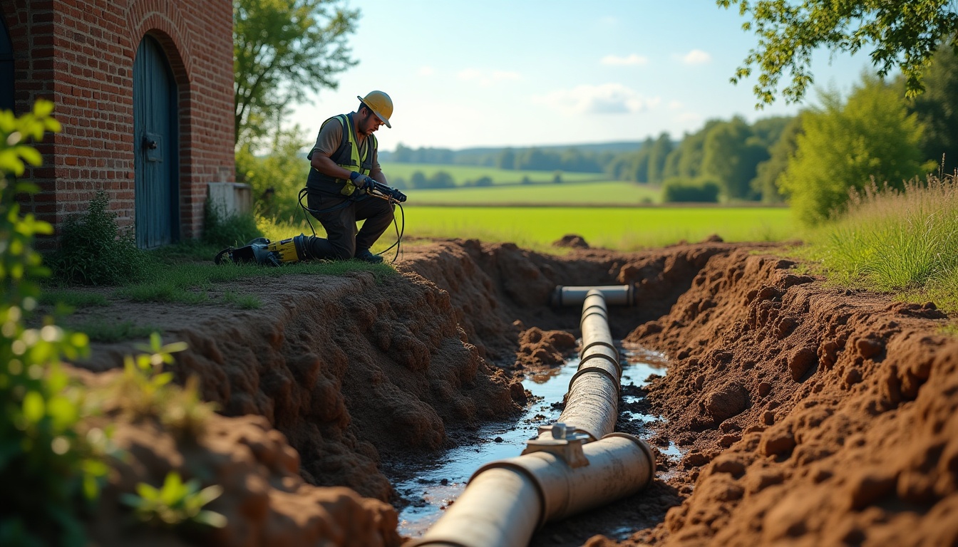 Technicien vérifiant canalisations dans un champ verdoyant.