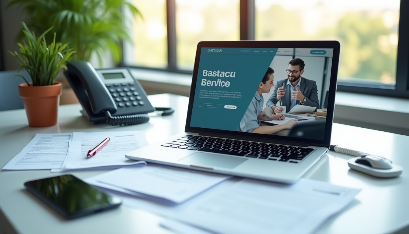 Bureau moderne avec ordinateur portable et papiers.