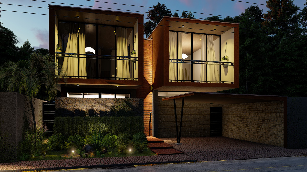 Maison moderne avec éclairage nocturne, architecture contemporaine.