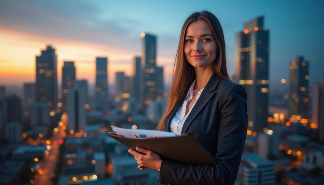 Femme d'affaires souriante devant skyline urbain au crépuscule.