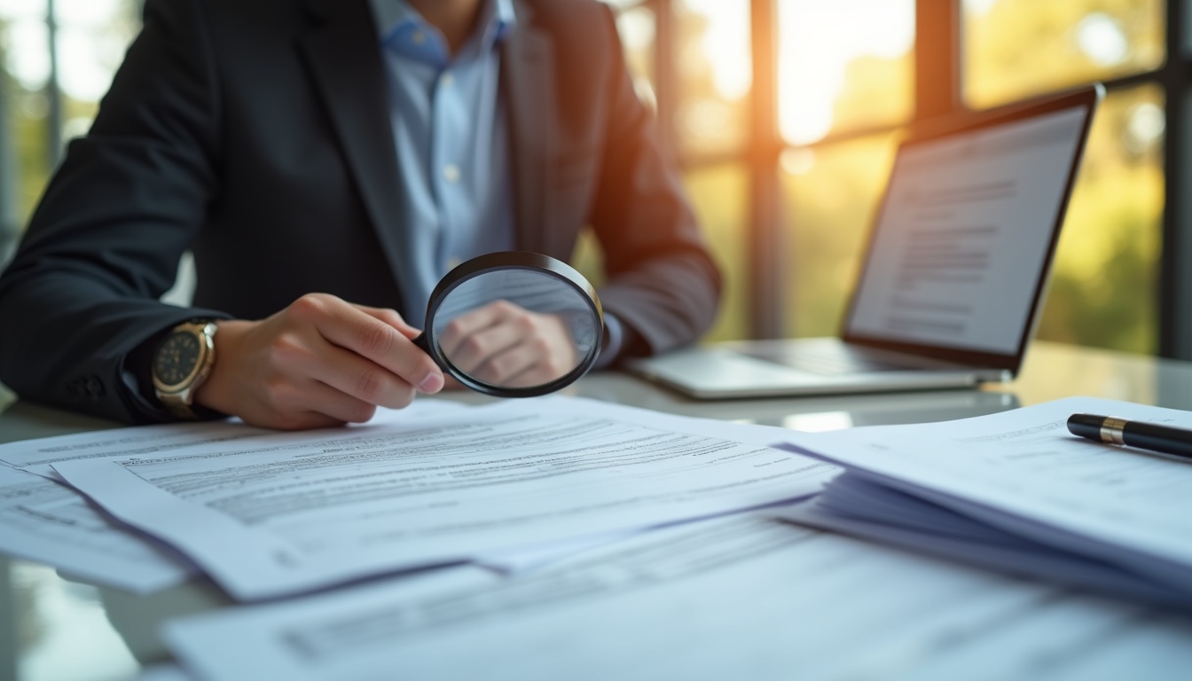 Personne examinant des documents avec loupe et ordinateur