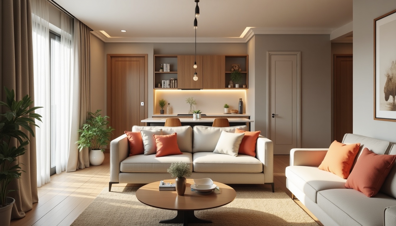 Salon moderne avec canapé blanc et coussins orange.