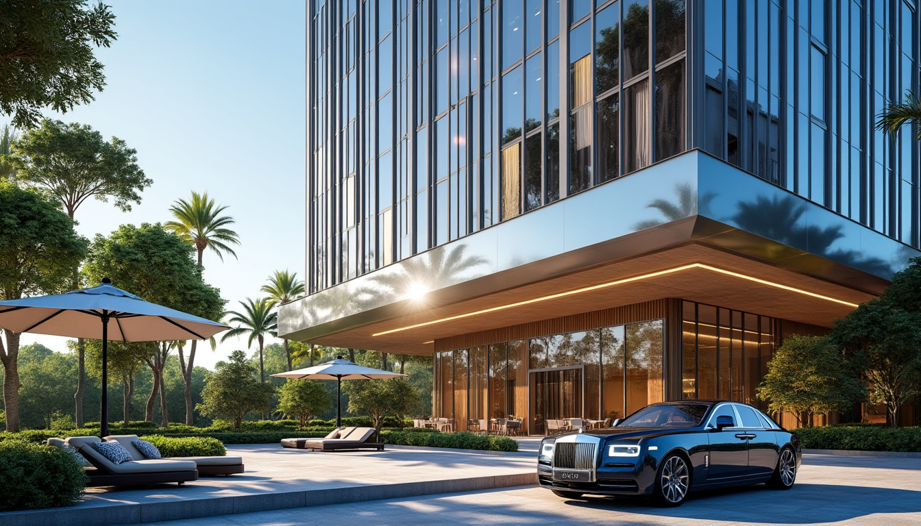 Voiture luxueuse devant bâtiment moderne et jardin.