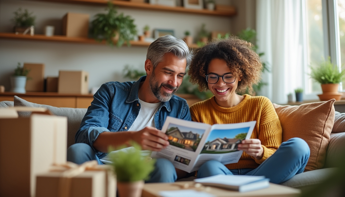 Couple lisant des brochures immobilières sur canapé