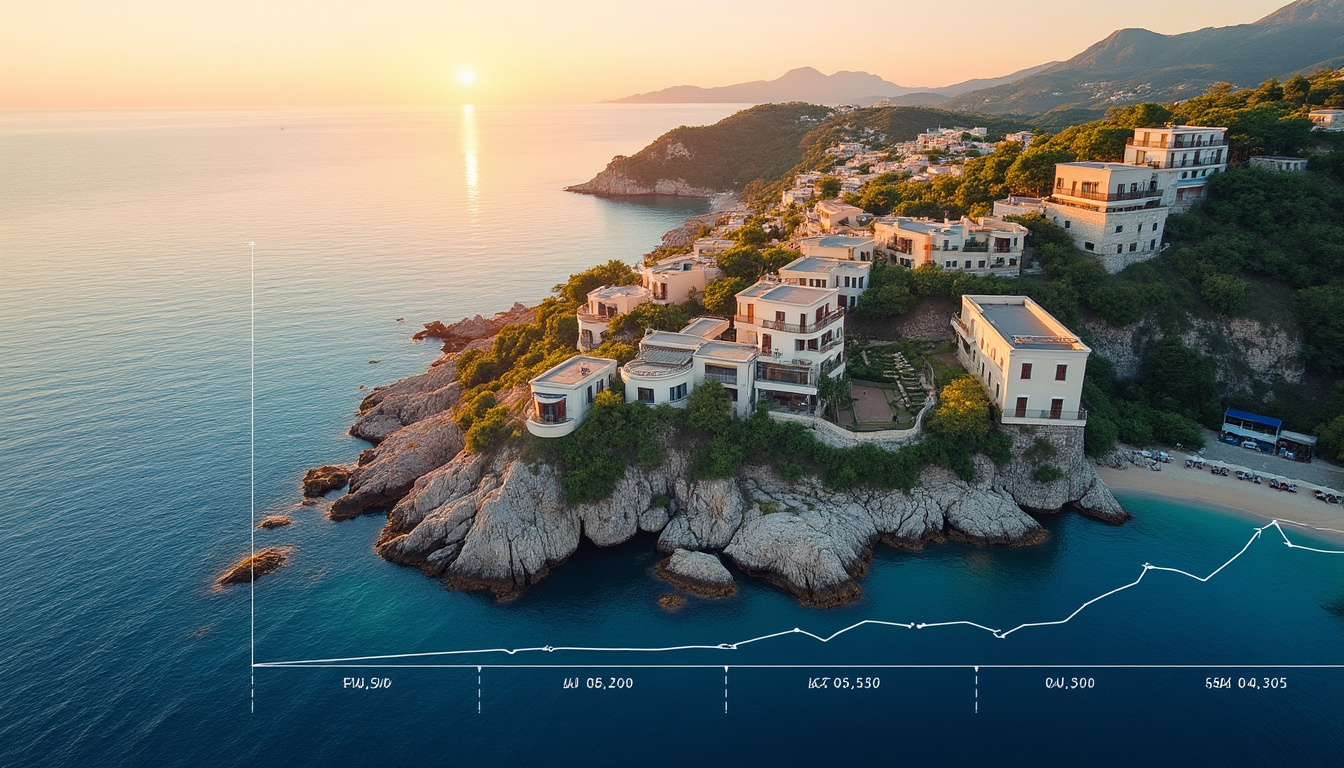 Vue aérienne plage, maisons, coucher de soleil et graphique.