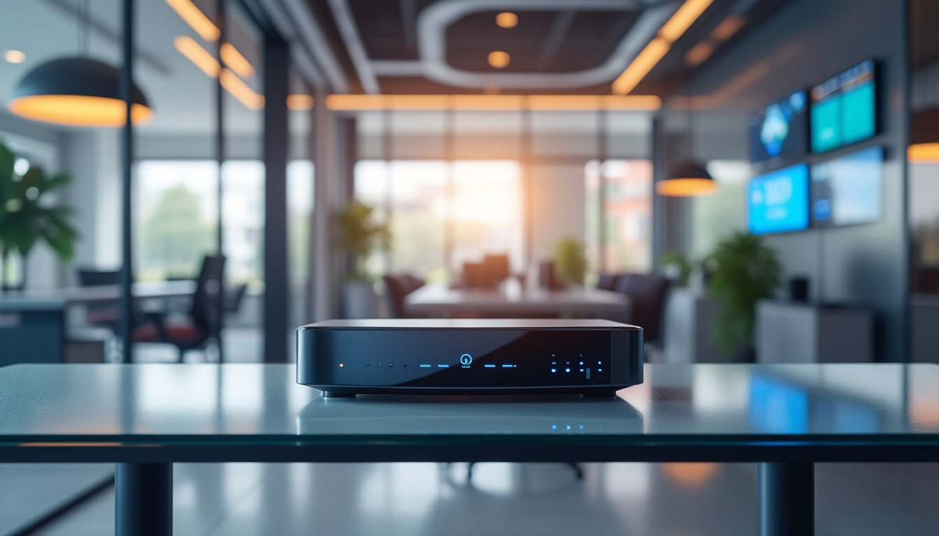 Routeur WiFi moderne sur bureau dans un bureau.
