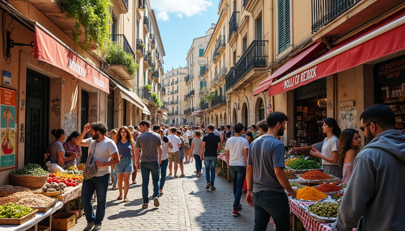 Marché animé avec étals de fruits et légumes.