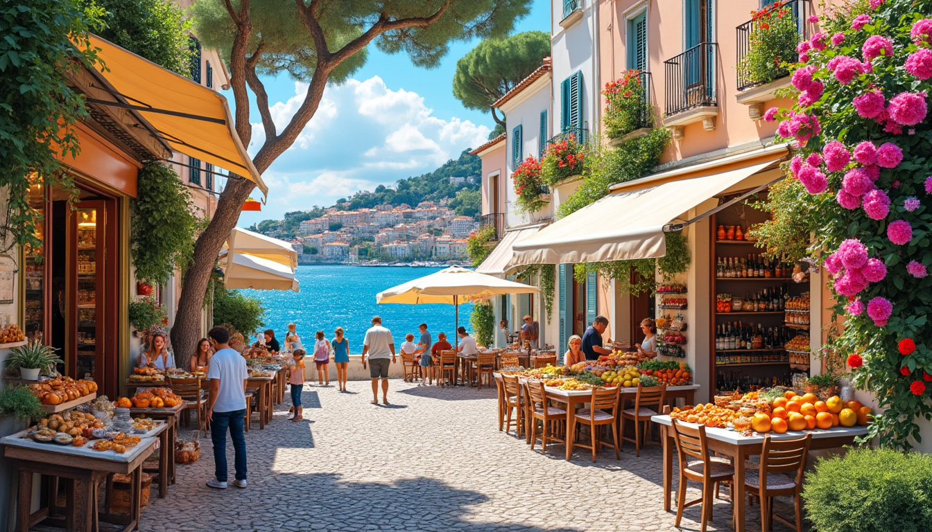 Ruelle méditerranéenne animée avec boutiques et fleurs.