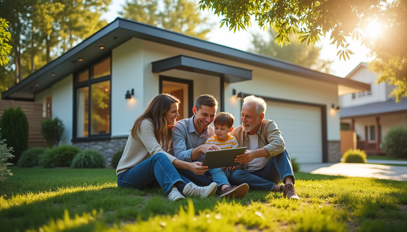 Famille souriante dans le jardin avec tablette numérique.