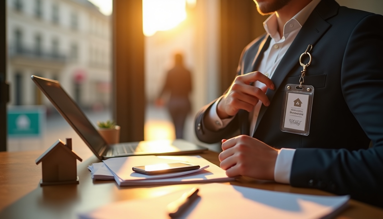 Agent immobilier travaillant au bureau au coucher du soleil.