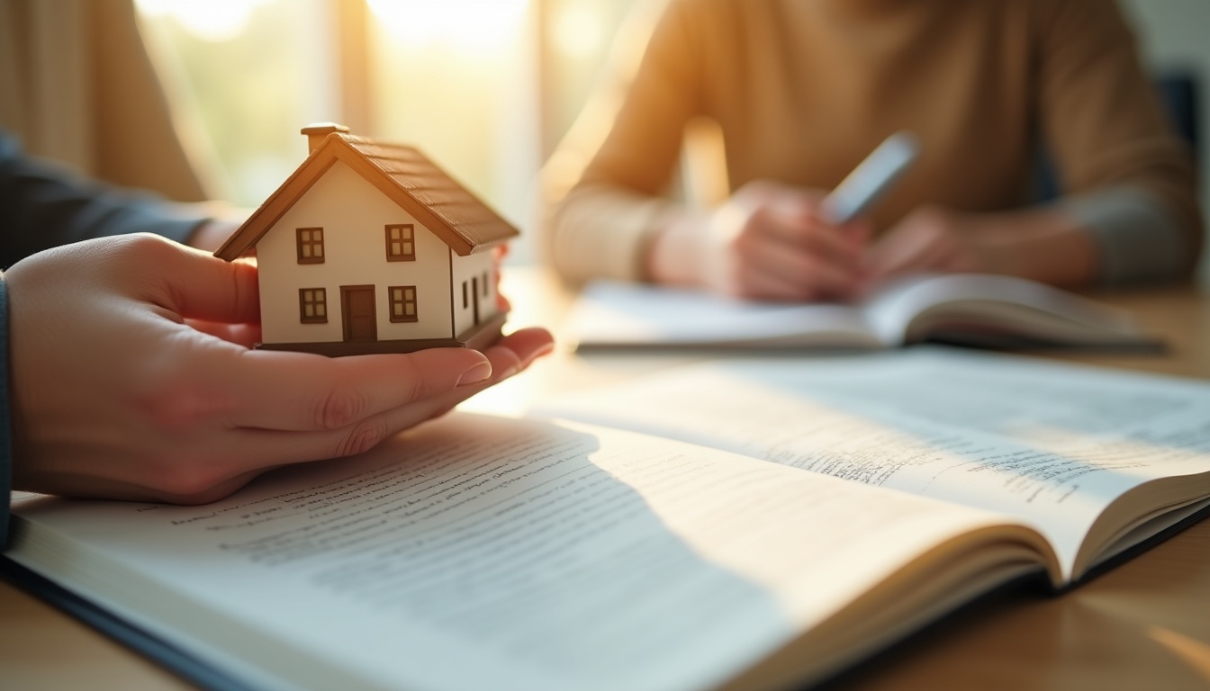 Maquette de maison sur livre ouvert, consultation.