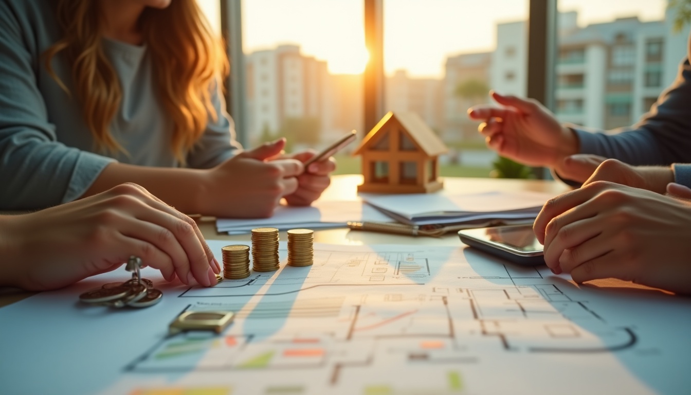 Réunion d'affaires avec plans et pièces de monnaie.