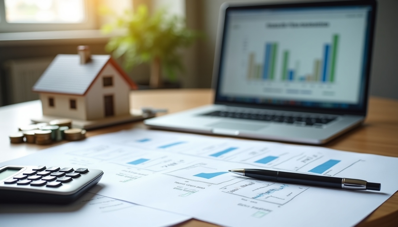 Planification financière avec maison, ordinateur et documents