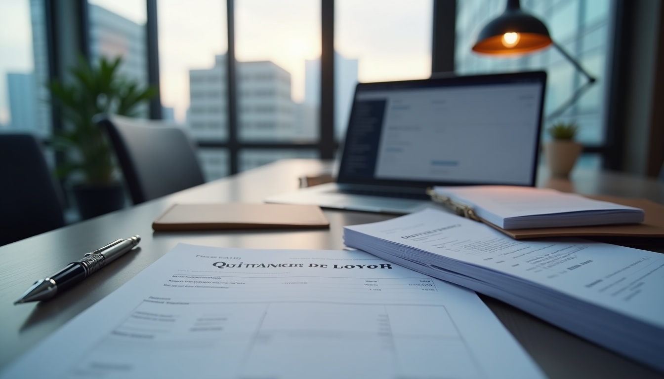 Bureau avec quittance de loyer et ordinateur portable.