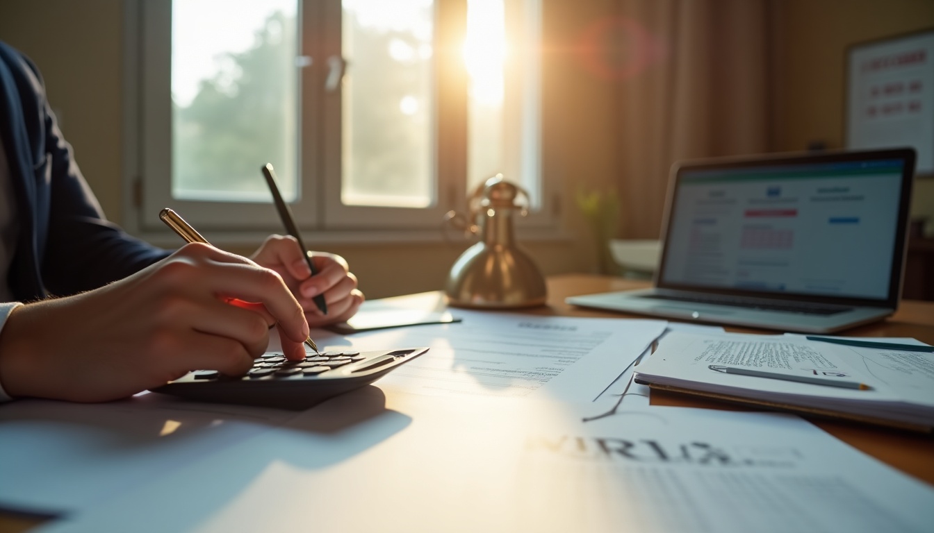 Calculs financiers au bureau devant un ordinateur portable.
