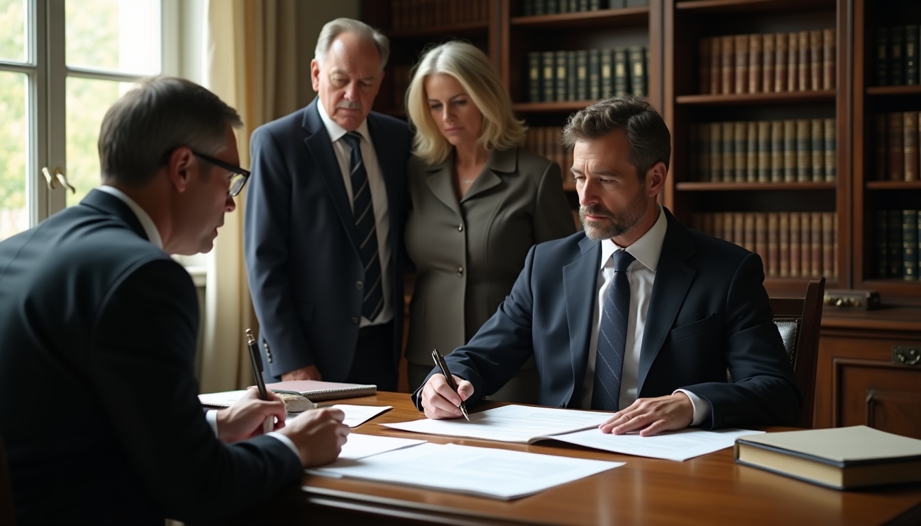 Réunion d'affaires en salle de bibliothèque juridique.