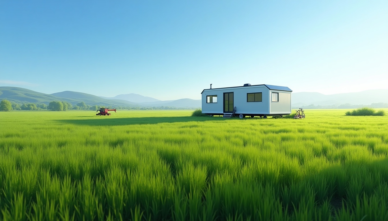 Caravane blanche dans prairie verdoyante et ensoleillée
