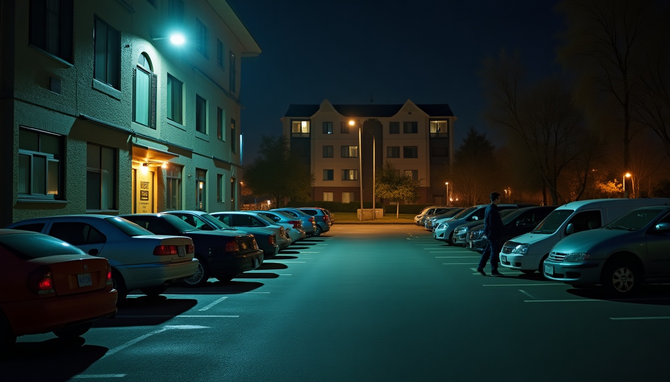 Parking éclairé avec voitures la nuit
