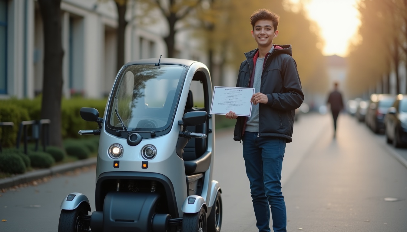 Jeune homme avec permis devant une micro-voiture