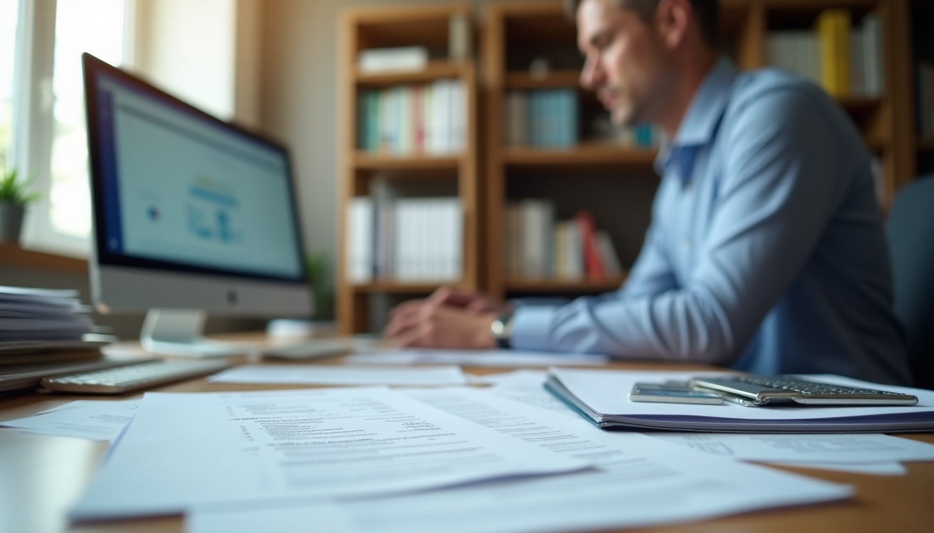 Homme concentré travaillant sur ordinateur et documents.