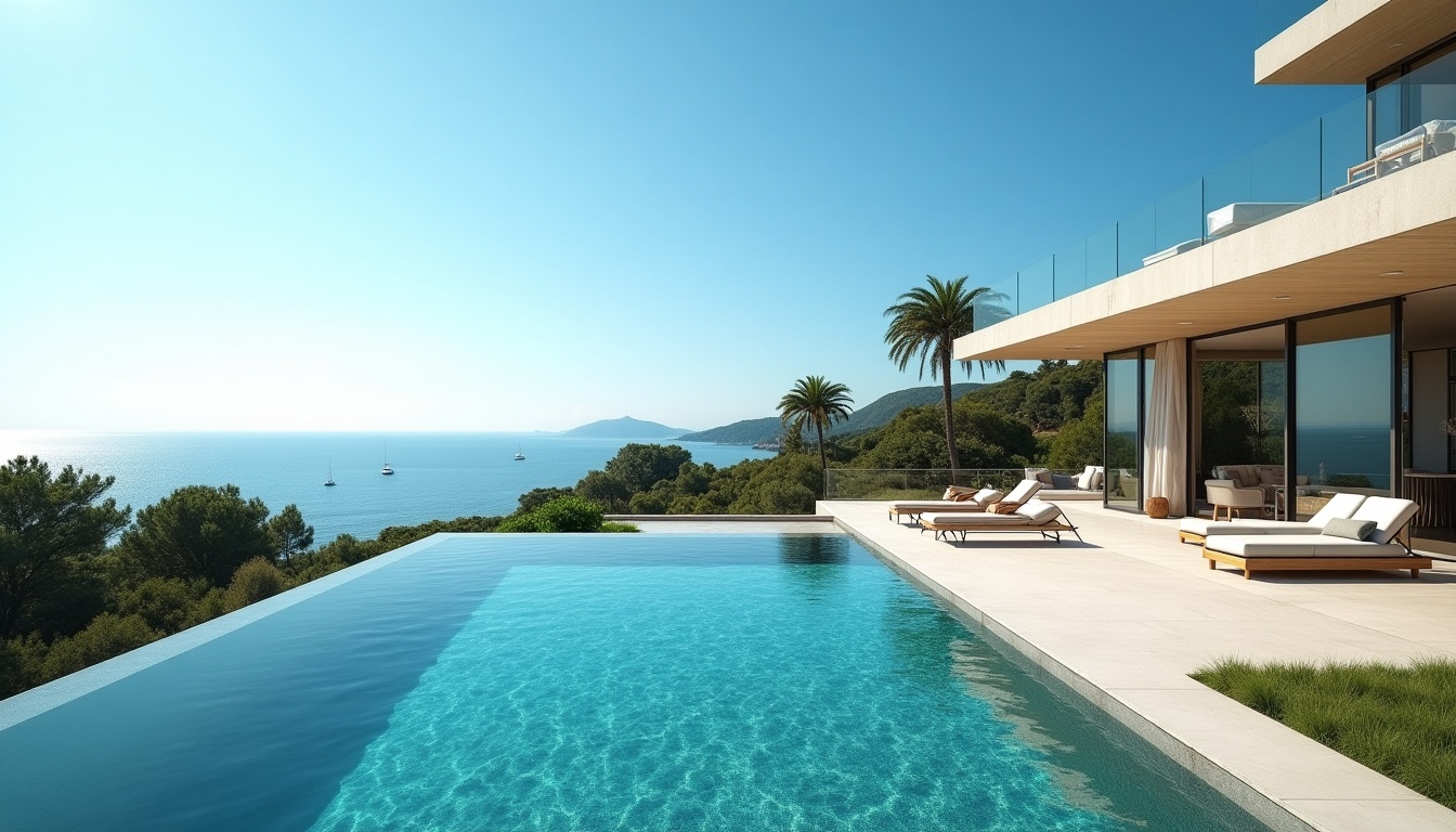 Villa avec piscine et vue mer panoramique.