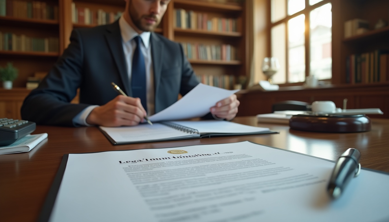 Avocat rédigeant des documents légaux au bureau.