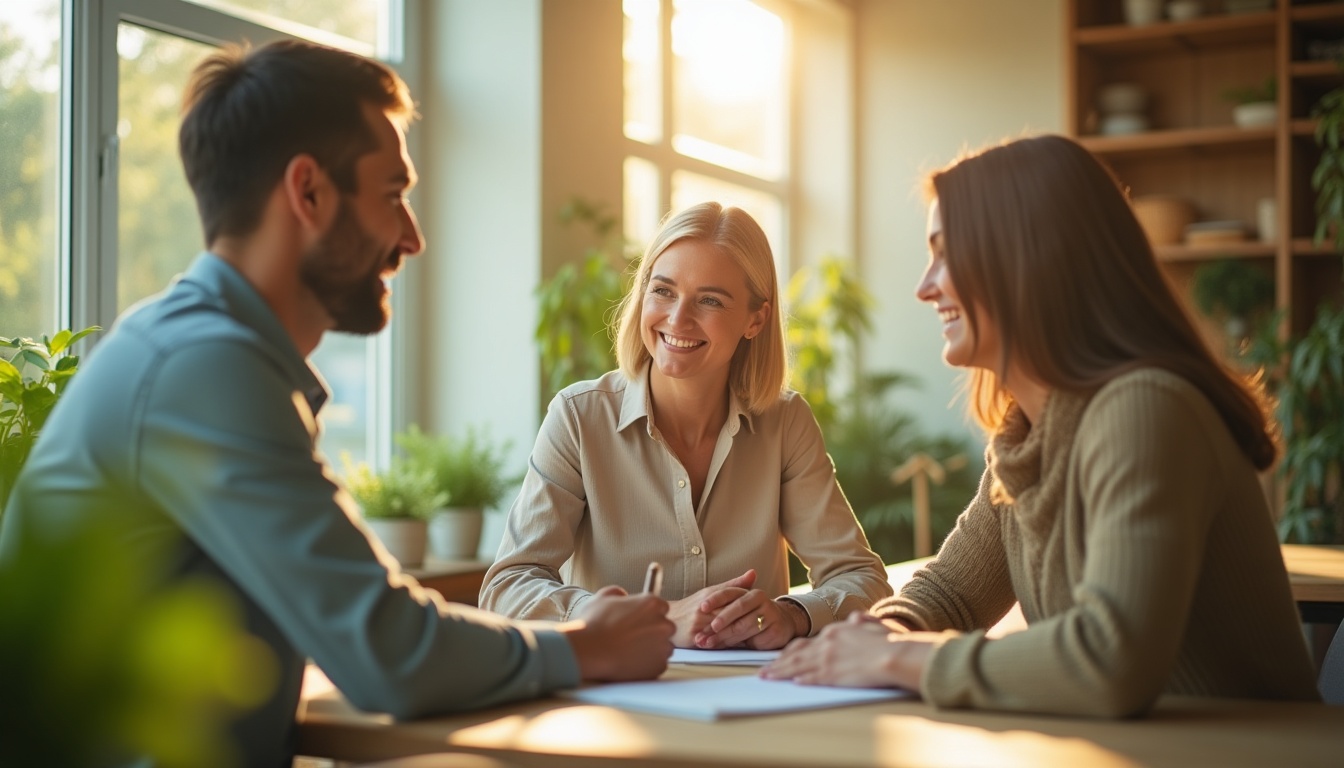 Réunion d'affaires ensoleillée, personnes souriantes discutant.
