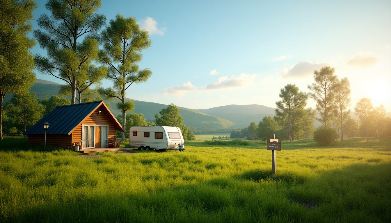Chalet et caravane au soleil dans prairie verdoyante
