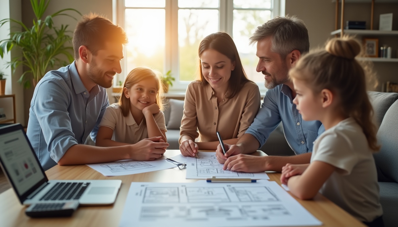 Famille travaillant ensemble sur des plans architecturaux