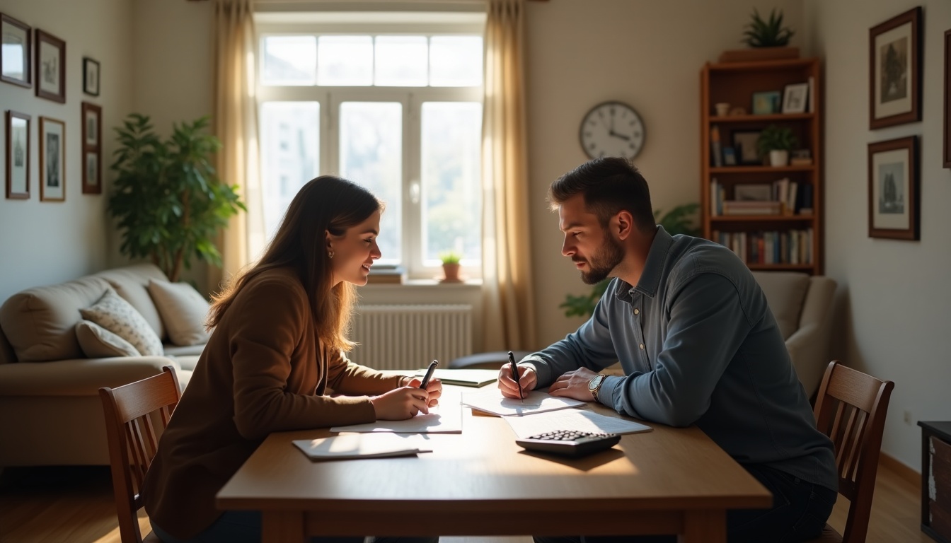 Deux personnes discutant à une table, documents en main.