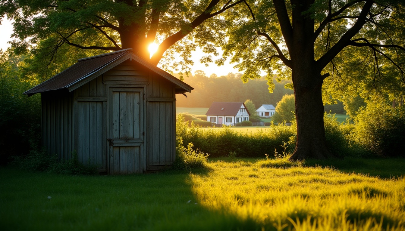Cabane en bois dans un paysage champêtre au coucher.